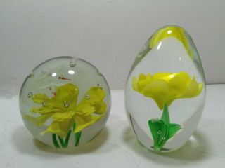 2 Vintage Art Glass Paperweights Flowers And Controlled Bubbles