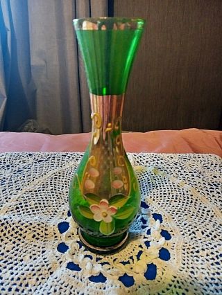 Czech Green Bohemian Glass Bud Vase With Hand Painted Enamel Flowers 15 Cm - 6 "