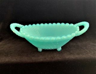 Vintage Aqua Turquoise Blue Milk Glass Oval 2 Handled Footed Basket Scallop Rim