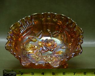 Vintage Amber Carnival Glass Bowl With Rose Pattern.