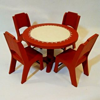 Doll Table And 4 Chairs Set Country Barn Red Painted Wood Pedestal Play Display