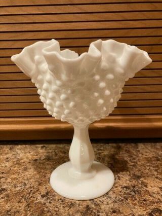 Vintage Fenton Hobnail White Milk Glass Ruffled Pedestal Candy Dish / Compote