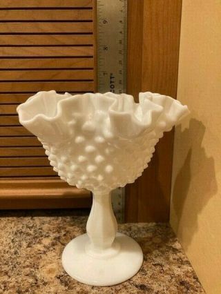 Vintage Fenton Hobnail White Milk Glass Ruffled Pedestal Candy Dish / Compote 2