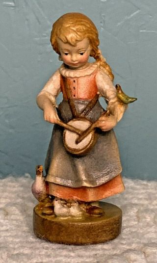 Dolfi Drummer Girl Birds 3 " Wood Carved Figure Sculpture Hand Painted Italy 1986