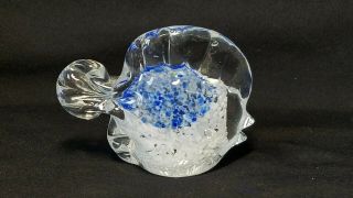 Clear Art Glass Fish Paperweight W/blue,  White Accents,  4.  5 " Lx 1.  5 " Wx3 " H