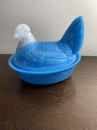 Vintage Westmoreland Milk Glass Blue White Hen On A Basket Covered Dish