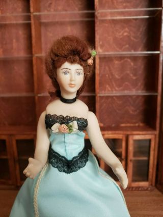 Dollhouse Miniature Artisan Porcelain Lady Doll Blue W Lace Trim Dress 1:12