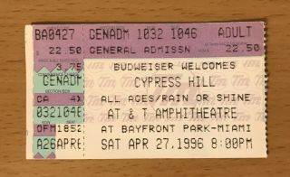 1996 Cypress Hill / The Roots Miami Florida Concert Ticket Stub Insane In Brain