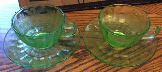 2 Jeannette Depression Glass Floral Poinsettia Green Cups & Saucers