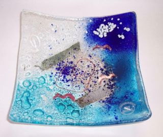 Vintage Greek Fused Art Glass Trinket Dish Blue Turquoise - Iris Glass