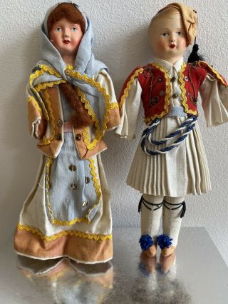 Antique Vintage Set Of 2 Greek Folk Art Doll,  Cloth Body,  Paper Mache Head