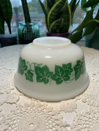 Vintage Hazel Atlas White Milk Glass Mixing Serving Bowl Green Ivy Leaves 6”