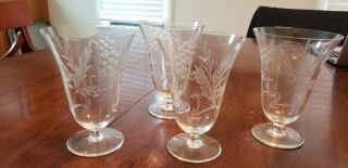 Set Of 4: Vintage Etched Clear Glass Footed Water Glasses,  Leaf And Dot