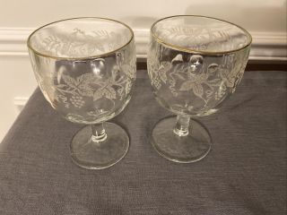2 Vintage Bartlett Collins Frosted Grapes & Vines Thumbprint Goblet Glass Gold