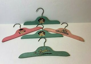 Set Of 5 Vintage Wood Doll Hangers Antique Display Baby Primitive Dress Doll Dog
