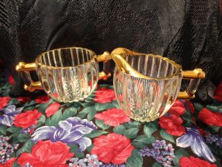 Vintage Glass Creamer And Sugar Bowl W/ Gold Trim - Ribbed Pattern