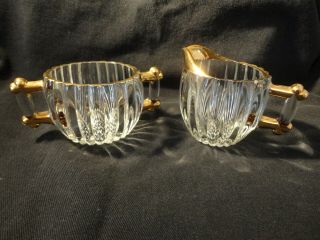 Vintage Glass Creamer and Sugar Bowl w/ gold Trim - ribbed pattern 2