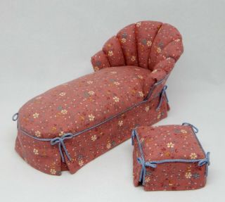 Vintage Floral Chaise Lounge Chair & Footstool Dollhouse Miniature 1:12