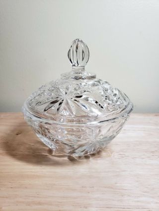 Vintage Anchor Hocking star cut clear pressed glass candy/nut dish/bowl and lid 3