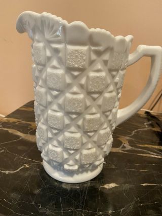 Vintage White Milk Glass Pitcher 11 " Tall With Squares