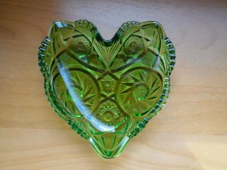 Green Cut Glass Heart Shaped Vtg.  Candy Dish Bowl,  6 1/4 "