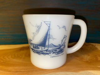 Vintage Currier & Ives Glasbake Milk Glass Mug Blue & White Sailing Boats Ships