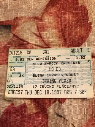 Blink 182 Sevendust 1997 Concert Tour Ticket Stub York Irving Plaza 12.  18.  97