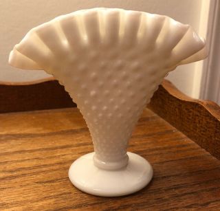 Vintage Fenton Hobnail White Milk Glass Small Fan Vase 4 " H Ruffled Edge