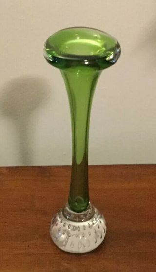Vintage Seda Sweden Mid Century Green Art Glass Bud Vase Controlled Air Bubbles
