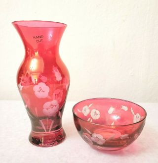 Royal Doulton Rose Bouquet Hand Cut Crystal Bud Vase & Small Bowl
