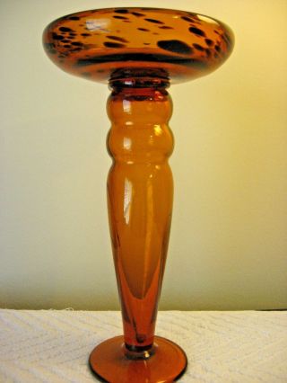 Vintage Amber Glass Art 9.  25 " Tall Candleholder Smokey Tortoise Topaz Hand Blown