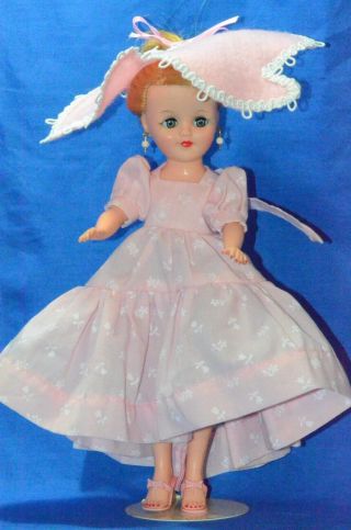 Vintage 10.  5 " Vogue Jan Doll Swivel Waist Vinyl Doll In Tagged Dress W/stand
