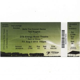 Ted Nugent & Tesla & Laura Wilde Concert Ticket Stub Clarkston 8/2/13 Tour Rare