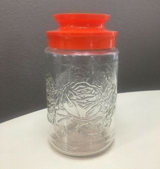 Vintage Anchor Hocking Roses Glass Jar 1 Quart Orange Lid Tang