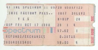 Rare Yes The Band 10/17/80 Philadelphia Pa The Spectrum Concert Ticket Stub