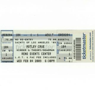 Motley Crue Full Concert Ticket Stub Reno 2/4/09 Saints Of Los Angeles Tour Rare