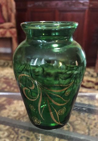 Vintage Anchor Hocking Forest Green Glass Bud Vase Gold Floral Design 3 - 3/4 "
