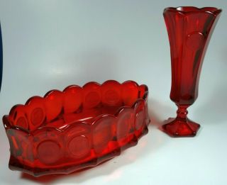 Fostoria Ruby Coin Pattern Oval Bowl And Bud Vase Vintage
