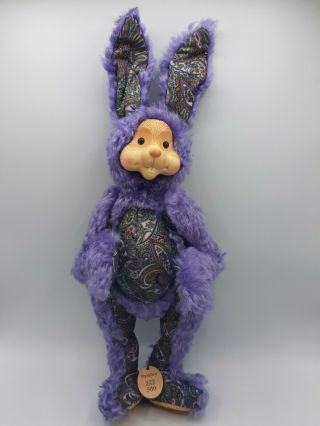 Robert Raikes Signed Wooden Face Purple Paisley Easter Rabbit