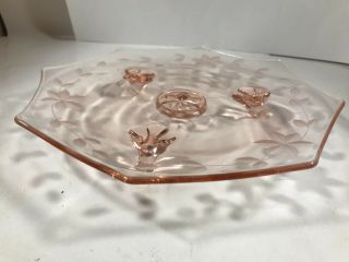 Vintage Pink Depression Glass Footed Etched Floral Dessert Plate