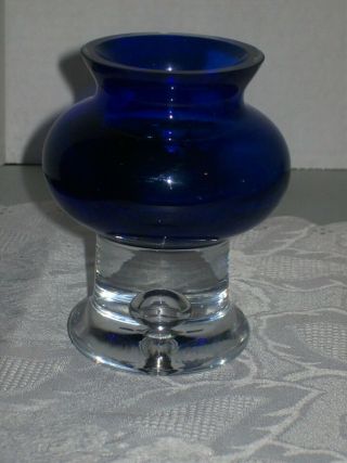 Hand Blown Cobalt Blue & Clear Glass Votive Holder With Bubble In Base