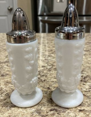 Westmoreland White Milk Glass Paneled Grape Salt & Pepper Shaker Set Chipped Lid