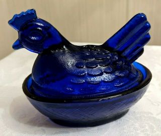Vintage Cobalt Blue Hen On Nest Collectible Trinket Box