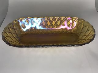 Vintage Iridescent Orange Brown Carnival Glass Long Shaped Candy Dish