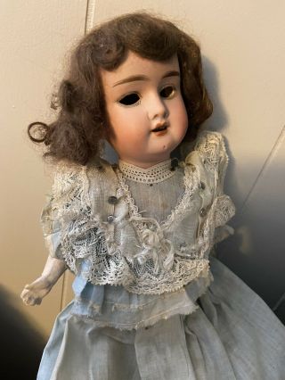 Antique German Bisque Doll Blue Lace Dress Paper Mache Body No Eyes “0” Stamped