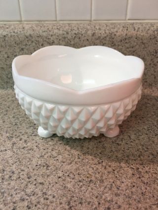 Vintage Indiana Milk Glass Diamond Point Three Footed Candy,  Nut,  Dish,  Bowl
