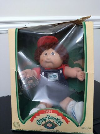 Vtg 1984 Cabbage Patch Kids Boy Doll Brown Hair Brown Eyes Dimples Hat Overalls