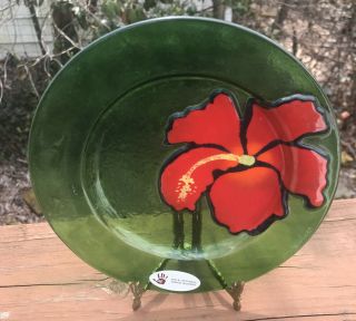Vintage Jan Mitchell Signed Fused Art Glass Floral Flower Dish & Label 7 1/2”