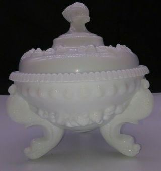 Vintage Westmoreland Argonaut Milk Glass Footed Covered Dish Shells Dolphin Sea