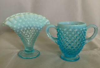 Lovely Vintage Fenton Blue Opalescent Hobnail Fan Vase & Sugar Bowl